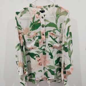 Ann Taylor Green and Cream Floral Blouse